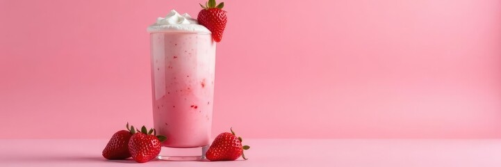 Glass filled with cold strawberry and cream milkshake on a pink surface with foam, foam, cream
