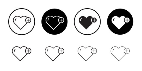 Heart plus icon outline collection or set in black and white