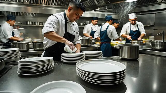 Professional chefs working in a busy commercial kitchen with stacks of clean white plates and stainless steel counters during meal preparation

