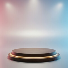 Round dark wood podium display stand with glowing gold light rings illuminated by spotlights against blue grey background. Empty modern showcase stage.