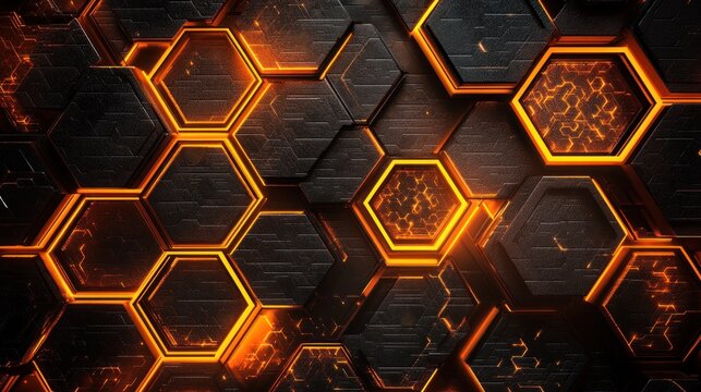 Abstract honeycomb pattern with glowing orange highlights.  Dark, metallic hexagon shapes arranged in a repeating grid structure