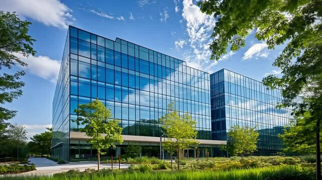 Modern Office Building with Reflective Glass Fa,ade on a Sunny Day