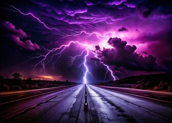 Purple Lightning Storm Highway Rain Night Photography Dramatic Weather
