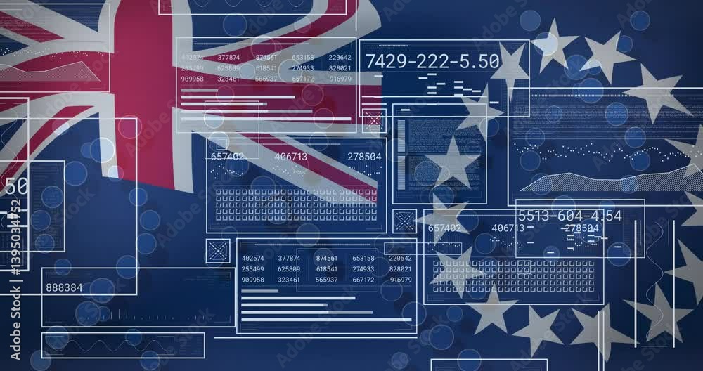 Poster digital data and coding overlay on australian flag, showcasing technology integration