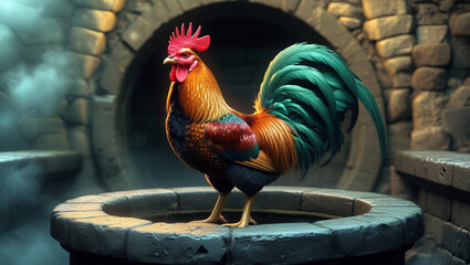 A rooster standing atop a stone well. The rooster has a bright red comb, a golden body, and iridescent blue green tail feathers.