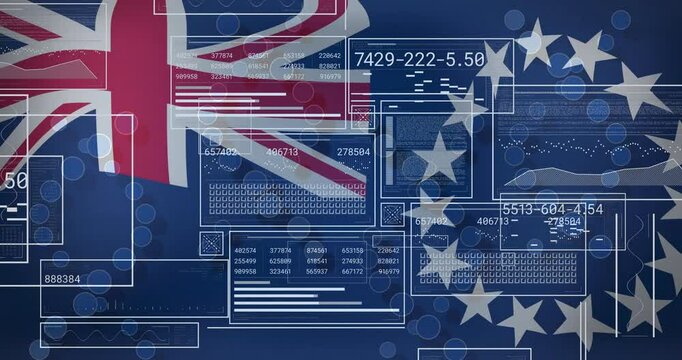 Digital data and coding overlay on Australian flag, showcasing technology integration - Powered by Adobe