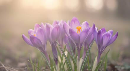 Naklejka premium Purple Crocus Flowers Blooming in Spring Sunlight