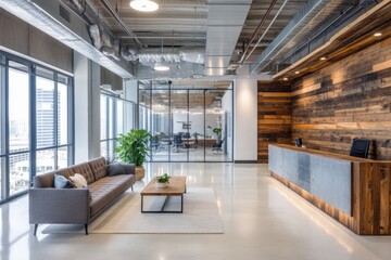 Fototapeta premium Modern, open-plan office lobby with exposed ducts, wooden accent wall, and comfortable seating area