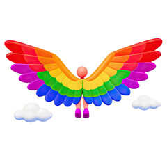 Fototapeta premium vibrant character with rainbow wings is flying among fluffy clouds, showcasing joyful and colorful expression