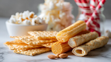 Delicious snack food assortment crackers popcorn and wafers perfect for party or movie night treats