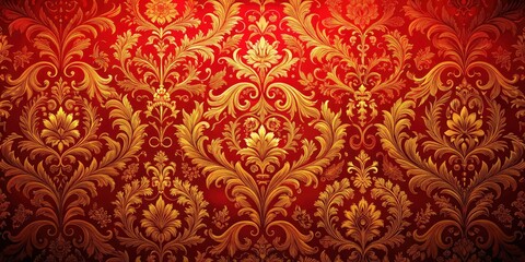 Fototapeta premium Red Gold Damask Wallpaper, Luxury Fabric Texture, Regal Pattern, Elegant Design, Rich Background