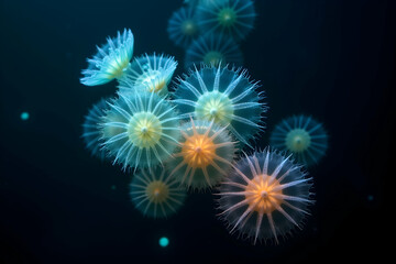 Fototapeta premium Enchanting comb jellies gracefully dance in a vibrant aquatic ballet, their translucent bodies glowing with otherworldly bioluminescence in the deep sea