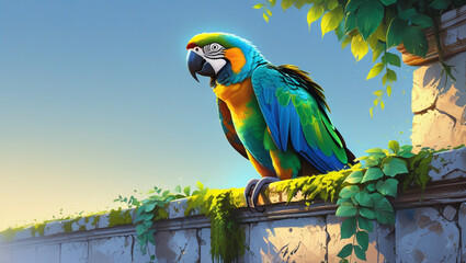 
A vibrant parrot perches atop a stone ledge overgrown with greenery