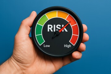 Risk Assessment Meter in Hand with Color-Coded Indicators Showing Levels from Low to High on a Blue Background