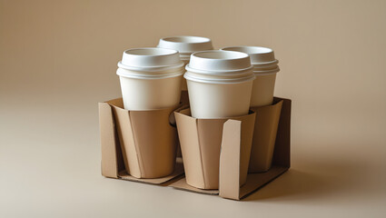 Coffee Cups Convenience: The image showcases a collection of four coffee cups, nestled within a sturdy cardboard carrier, emphasizing ease of carrying and enjoyment.