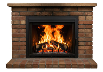 Isolated Brick Fireplace with Burning Logs and Mesh Screen