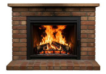 Isolated Brick Fireplace with Burning Logs and Mesh Screen