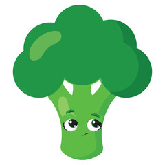 Cute green broccoli with sad face expression Great for healthy food designs, nutrition projects, cooking materials, and educational graphics about vegetables