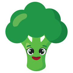 Smiling green broccoli with big eyes and happy expression, ideal for healthy food content, kids materials, and educational visuals about vegetables and nutrition