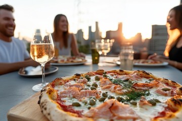 A beautifully crafted pizza topped with salmon and capers is showcased in front of a vibrant sunset, as friends enjoy a lively outdoor dining experience together.