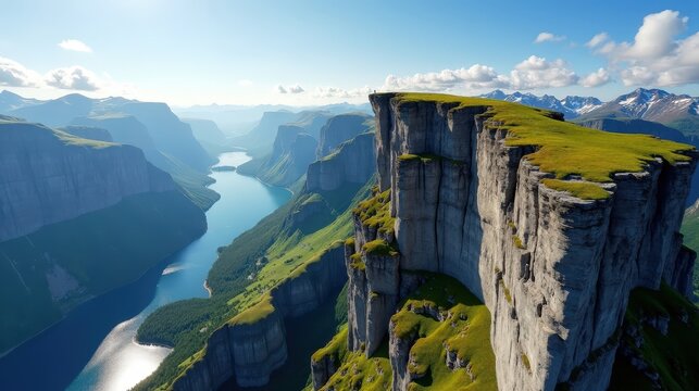 Stunning view of Preikestolen cliff in Norway, taken from above in sunny midday conditions.