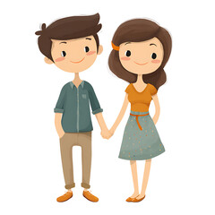 Fototapeta premium Cartoon illustration of a boy and girl holding hands, expressing love and companionship in a sweet and charming style on a white background.