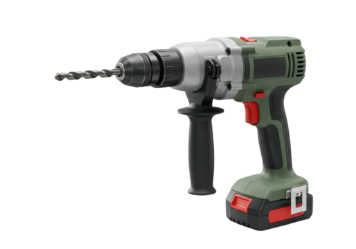 Isolated Silver Cordless Drill with Green Accents