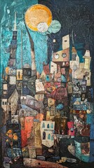 Fototapeta premium Abstract cityscape with geometric shapes, figures, moon, and starry sky.