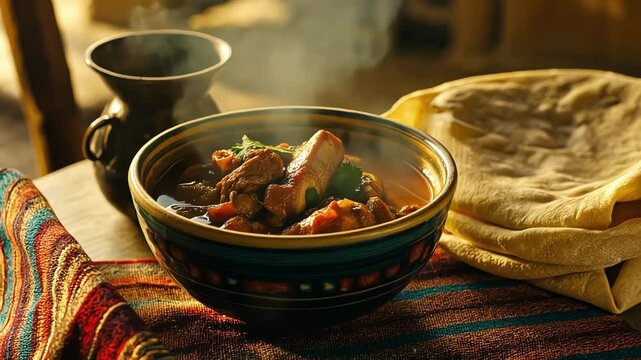 A bowl of Middle Eastern lamb curry with spices and regional flatbread 