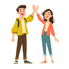 Fototapeta premium A jubilant cartoon boy and girl cheerfully high-five, embodying youthful enthusiasm and camaraderie, symbolizing success and teamwork.