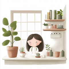 Happy cartoon girl surrounded by green plants