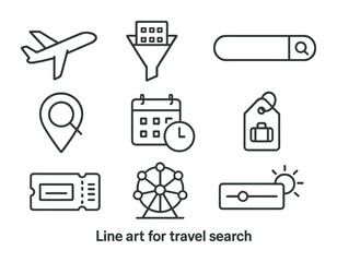 Linear travel icon set: search, flight, accommodation, and more