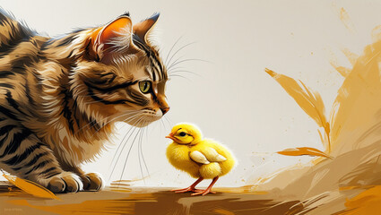 
A curious tabby cat peers down at a small yellow chick on a painted surface