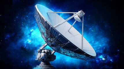 Large satellite dish receiving signals from space in a cosmic background