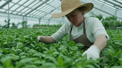 Woman tending to basil plants in a greenhouse