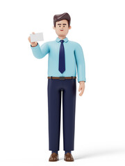 Fototapeta premium Man holding a blank card, symbolizing potential, opportunity, or a new idea. 3D rendering, conceptual image. Isolated on white background.