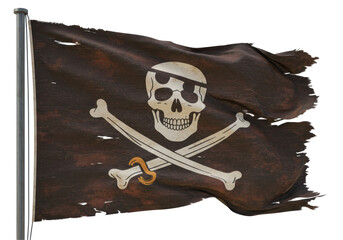 Isolated Tattered Pirate Flag with Skull and Crossbones Motif