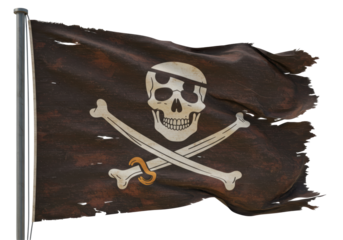 Isolated Tattered Pirate Flag with Skull and Crossbones Motif
