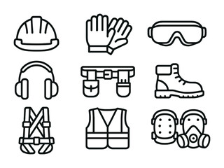 Construction safety equipment icons set: essential protection tools in linear style