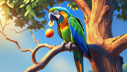 Tropical Bite in the Golden Light. A vibrant macaw with blue and yellow plumage perches on a tree branch, holding a coin