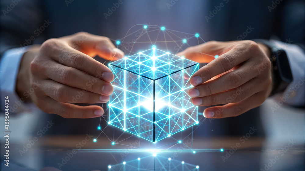 Poster hands assembling glowing cube from digital particles, showcasing innovation and technology in modern
