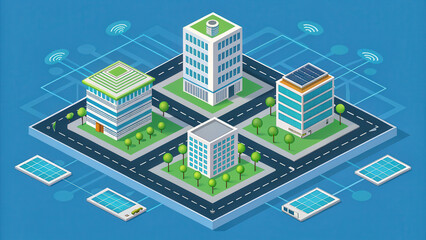 Smart city block with modern buildings, solar panels, and wireless technology, showcasing urban innovation and sustainability