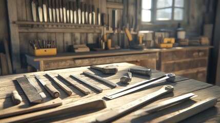 Rustic workshop tools sunlight carpentry craft