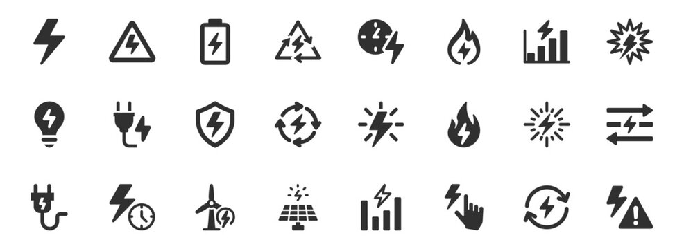Electricity and energy icon set. Vector glyph pictograms of lightning bolt, battery, plug, solar panel, wind turbine, power, renewable energy, electrical safety black silhouette illustration.