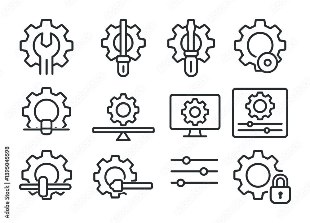 Poster settings and configuration tools icon set in linear style
