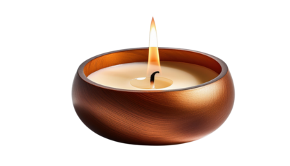 A glowing candle in a plain golden bowl isolated on PNG white transparent background.