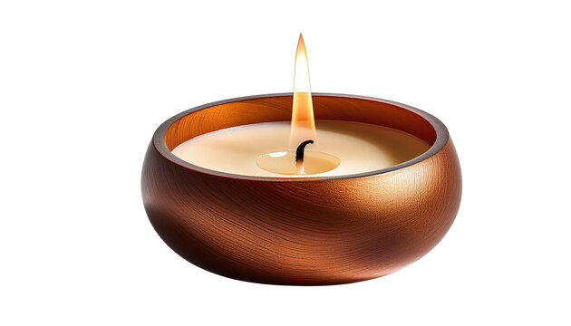 A glowing candle in a plain golden bowl isolated on PNG white transparent background.
