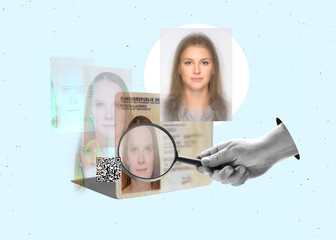  Art collage. Biometric technology digital face scanning form of a new, modern german ID card and a...