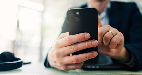 Hands, businessman and scroll with phone in office for communication, schedule update and finance report. Person, mobile app and budget management, email feedback and financial account of investment