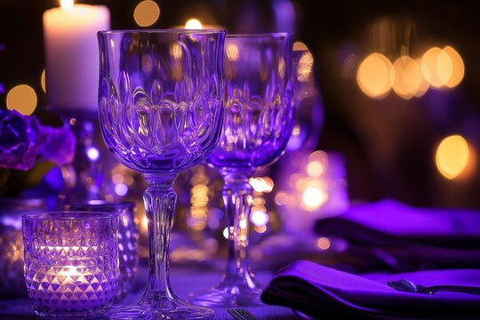 An elegantly decorated dining table with purple glassware and candles creates an inviting atmosphere.